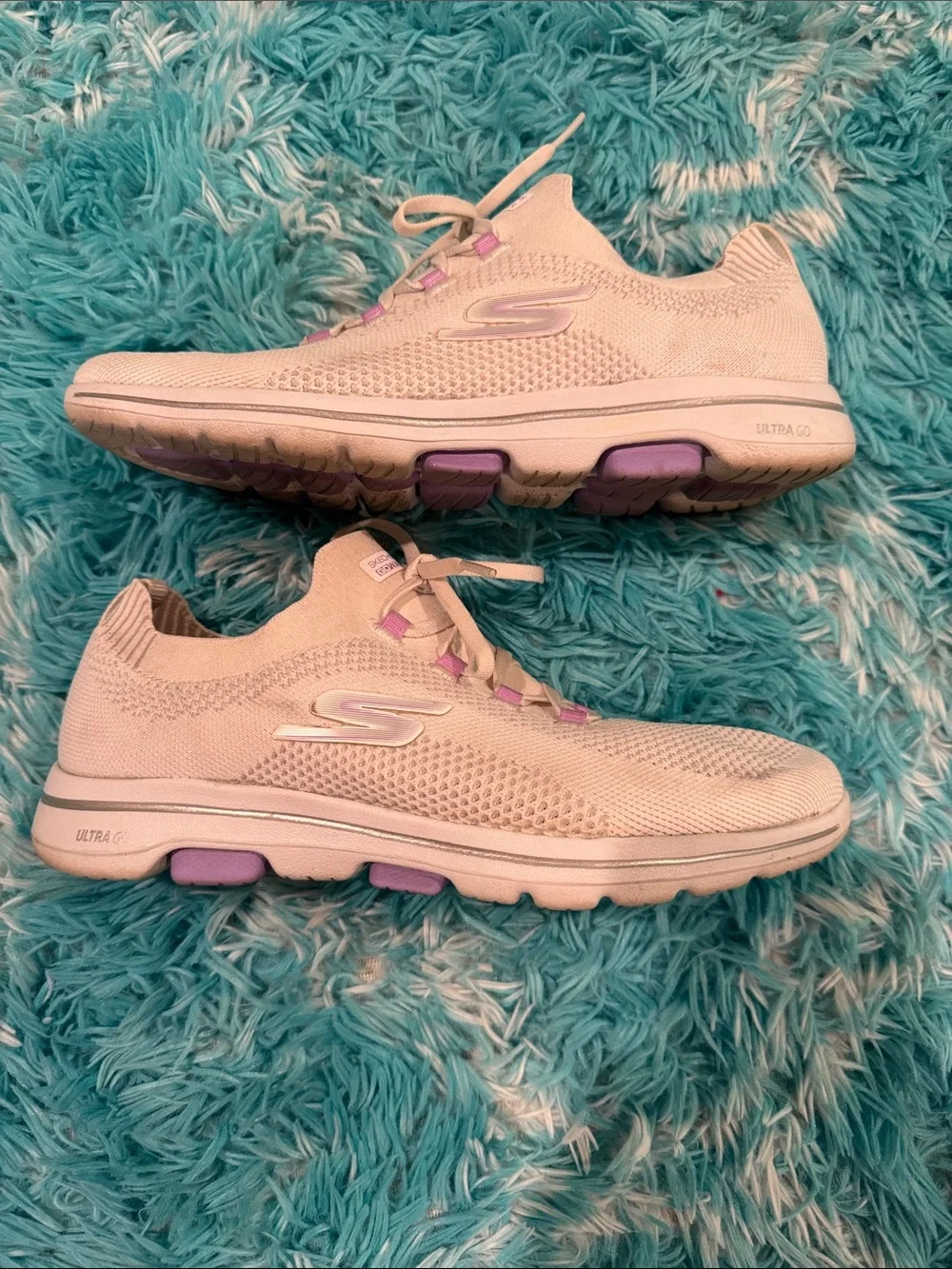 Skechers GOwalk Women's Cream Knit Lace-Up Sneakers with Purple Accents